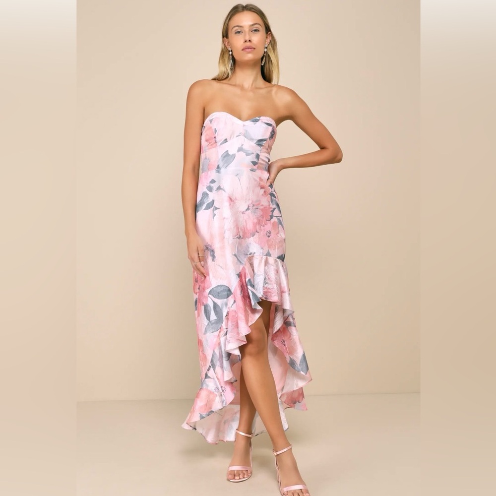 Lulus Blushing Darling Light Pink Floral Strapless High-Low Dress Sweetheart XL